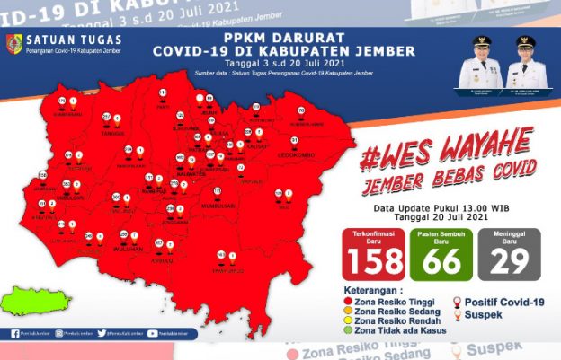 Caption: Data pantauan sebaran Covid-19, sejumlah kecamatan di Kabupaten Jember, Selasa 20 Juli 2021.