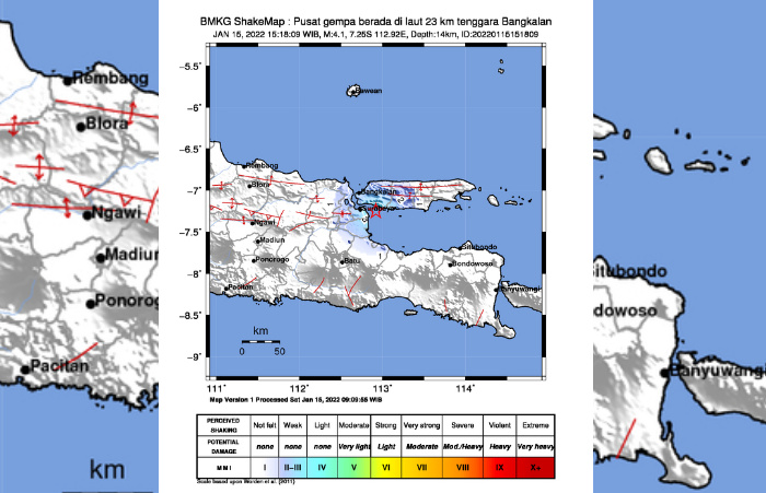 Foto: Gempa 4.1 Magnitudo, berada di laut 23 KM tenggara Bangkalan. (Foto: dok BMKG).