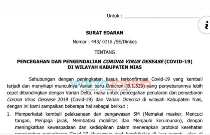Kasus Terkonfirmasi Meningkat, Pemkab Nias Keluarkan SE Pencegahan Penyebaran Covid-19