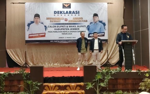 Foto: Deklarasi dukungan untuk Calon Bupati dan Wakil Bupati Kabupaten Jember periode 2024-2029, dari Partai Garuda, di Aula Hotel Aston Jember. Jum'at (22/03/2024) sore.
