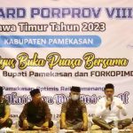 Foto: : Pj Bupati Pamekasan Masrukin memberikan sambutan saat pemberian reward atlet dan pelatih berprestasi di Porprov VIII Jawa Timur di Mandhapa Agung Ronggosukowati Pamekasan.