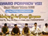 Foto: : Pj Bupati Pamekasan Masrukin memberikan sambutan saat pemberian reward atlet dan pelatih berprestasi di Porprov VIII Jawa Timur di Mandhapa Agung Ronggosukowati Pamekasan.