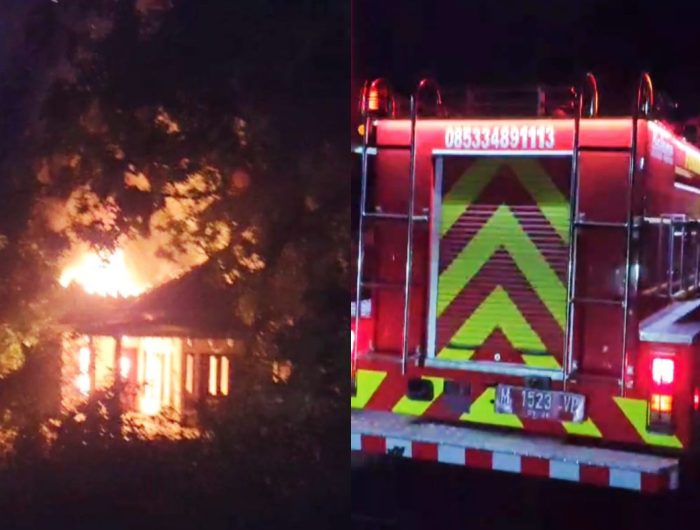 FOTO: Kolase foto kebakaran dan tim Damkar saat tiba di lokasi RT 08 RW 02, Dusun/Desa Lobuk, Kecamatan Bluto, Kabupaten Sumenep. Minggu (26 Mei 2024) malam.