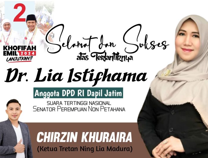 FOTO: Komunitas Taretan Ning Lia Madura mengucapkan selamat atas dilantiknya DR. Lia Istifhama sebagai anggota Dewan Perwakilan Daerah Republik Indonesia (DPD RI) periode 2024-2029.