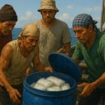 FOTO: Sejumlah nelayan menemukan drum diduga berisi narkotika jenis sabu seberat 35 kilogram saat melaut, di perairan barat daya Pulau Masalembu, Kabupaten Sumenep. (ilustrasi AI/wartazone.com).