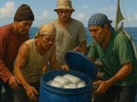 FOTO: Sejumlah nelayan menemukan drum diduga berisi narkotika jenis sabu seberat 35 kilogram saat melaut, di perairan barat daya Pulau Masalembu, Kabupaten Sumenep. (ilustrasi AI/wartazone.com).