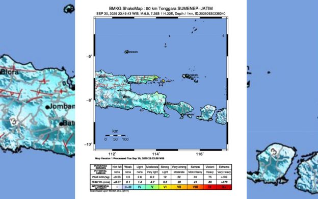 FOTO: Gempa bumi berkekuatan 6,5 Skala Richter (SR) mengguncang wilayah Laut Bali pada Selasa (30/9/2025) pukul 23.49 WIB.