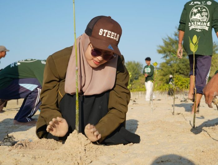 FOTO: Mahasiswa KKN Universitas Ibrahimy Sukorejo, Situbondo, bersama Karang Taruna Laskar Obor, SKK Migas–Kangean Energy Indonesia (KEI), menggelar aksi penanaman bibit mangrove di Desa Pagerungan Besar, Kecamatan Sapeken, Kabupaten Sumenep. (Panji Agira/wartazone.com)